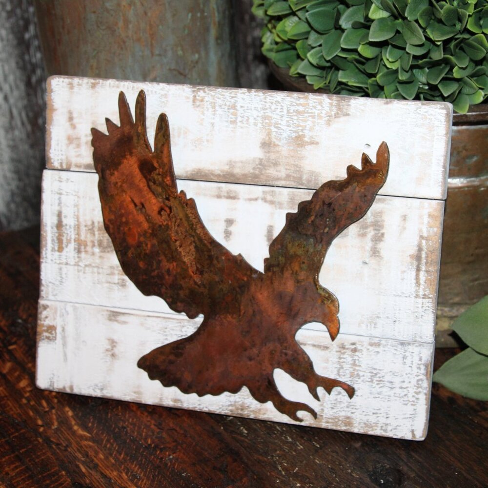 Rustic Distressed Wood & Steel Farmhouse Copper Eagle Table Top or Wall Decor